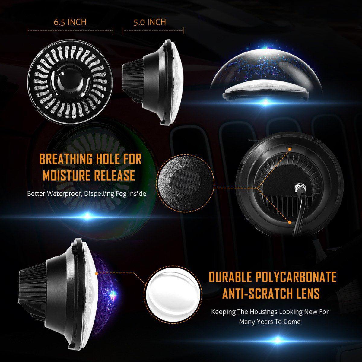 (2pcs/set) 7 inch 80W Hi-Lo Beam LED Headlight With RGB Flowing Halo Ring App Control for Jeep Wrangler JK, TJ, LJ, CJ - Image 8