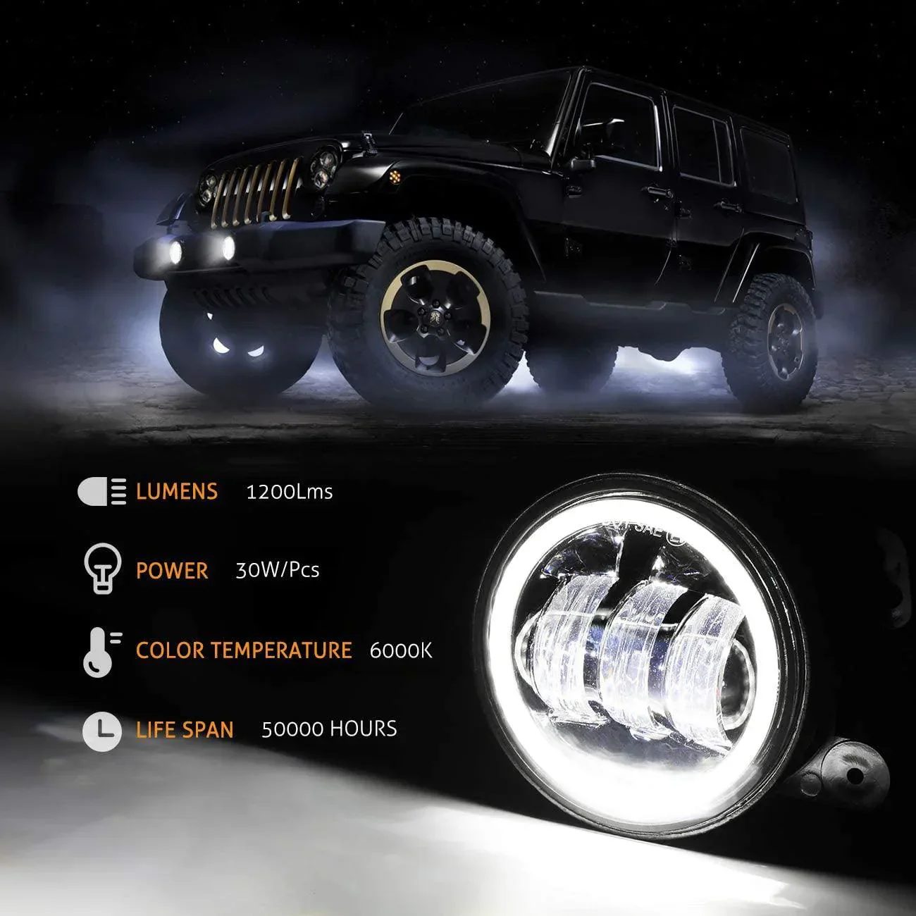 4 Inch 30w LED Fog Lights With White DRL+Amber Turn Signal For Jeep Wrangler 07-18 JK TJ LJ Front Bumper Lamp - Image 3