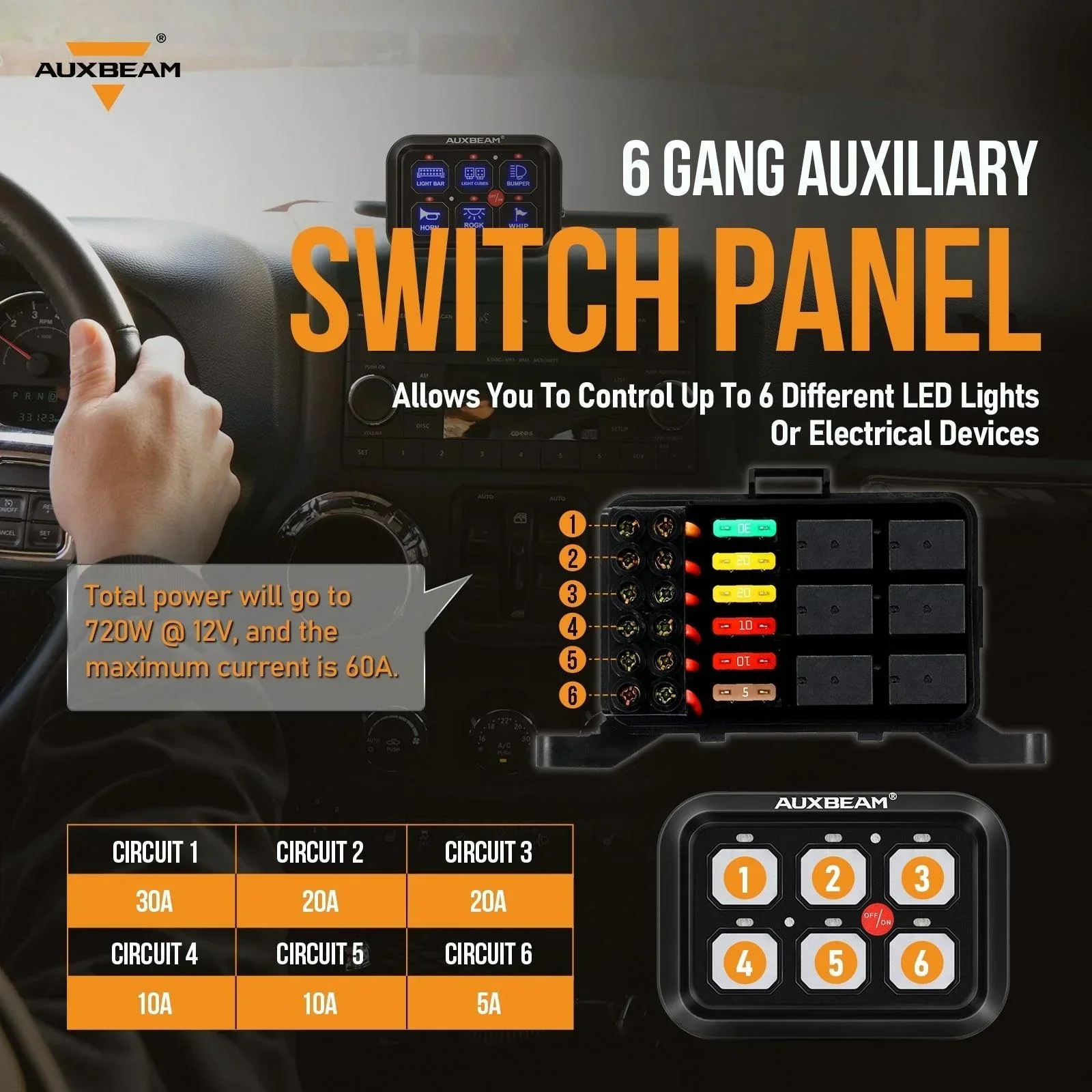 Single Series 6 Gang (BC60) LED Switch Panel, Off Road Light Controller (Blue) - Image 5