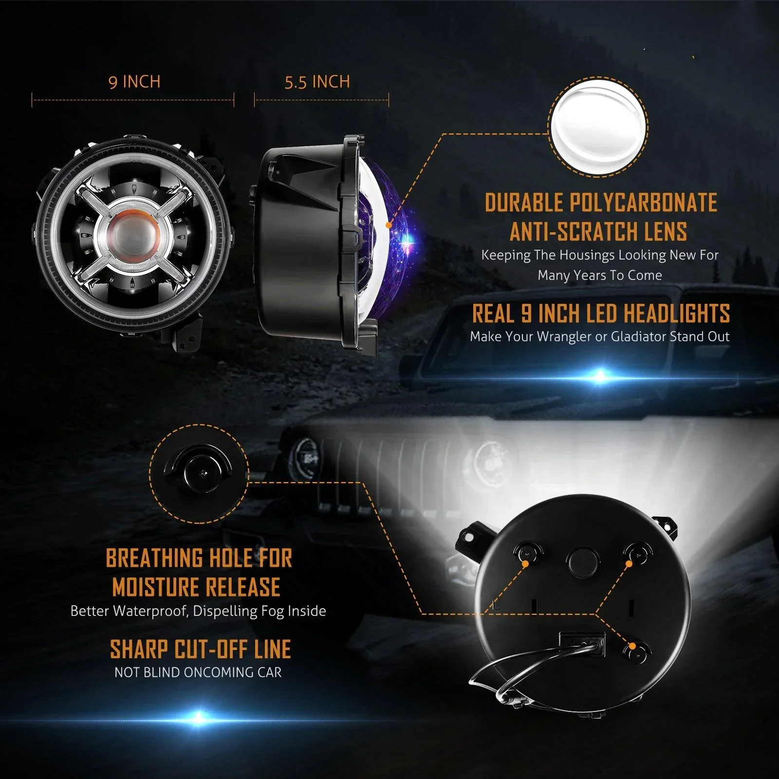 (2pcs/set) 9 Inch RGB Headlights Replacement Bluetooth Control for Jeep Wrangler JL JLU Sport Rubicon Sahara Gladiator JT 2019 2020 w/ DRL - Image 7