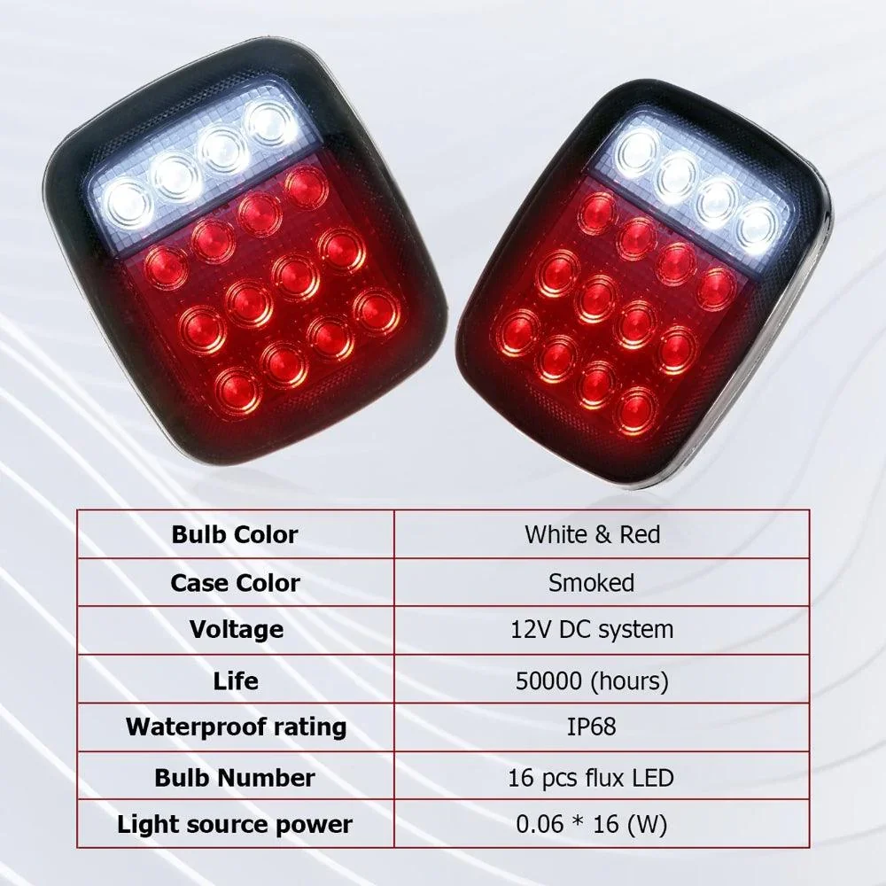(2pcs/set) Universal Tail Lights 16LEDs for Jeep Wrangler YJ TJ CJ Truck Trailer Boat (Smoked) - Image 8