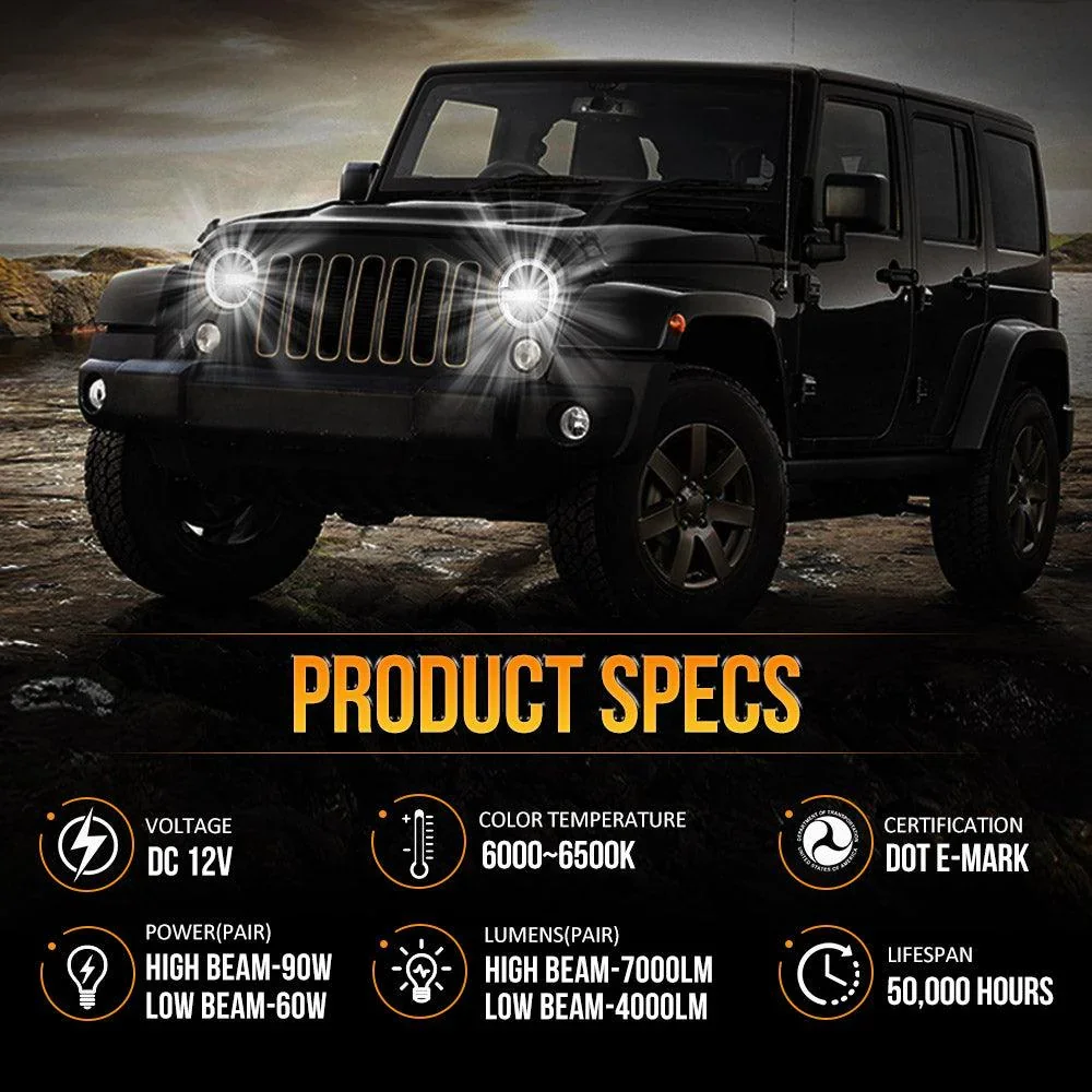 (2pcs/set) 7 Inch 90W DOT Approved LED Headlights with Halo Ring DRL & High Low Beam for Jeep Wrangler JK TJ LJ CJ - Image 3
