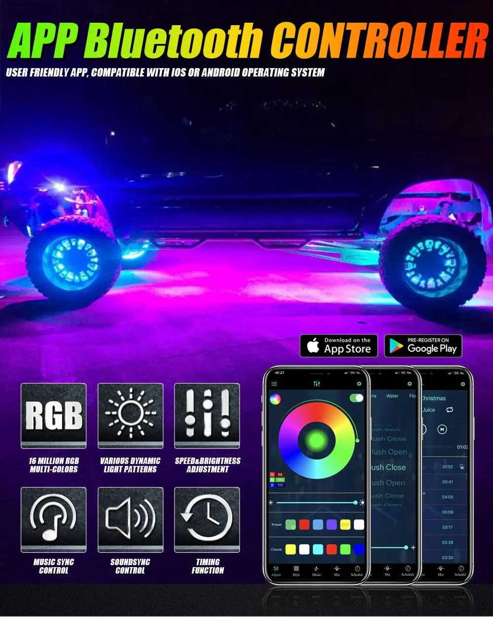 (4pcs/set) 15.5" RGB LED Wheel Ring Lights Magic Dream Color Neon Rim Light with APP & RF Remote Control - Image 5