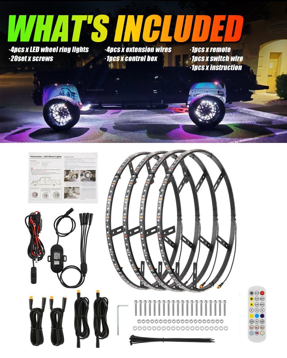 (4pcs/set) 15.5" RGB LED Wheel Ring Lights Magic Dream Color Neon Rim Light with APP & RF Remote Control - Image 7