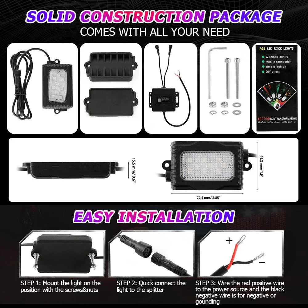 Magic Dream Color RGB LED Rock Lights Kit with Bluetooth APP Control, Multicolor Chasing Neon Underglow Lights for ATV UTV - Image 4