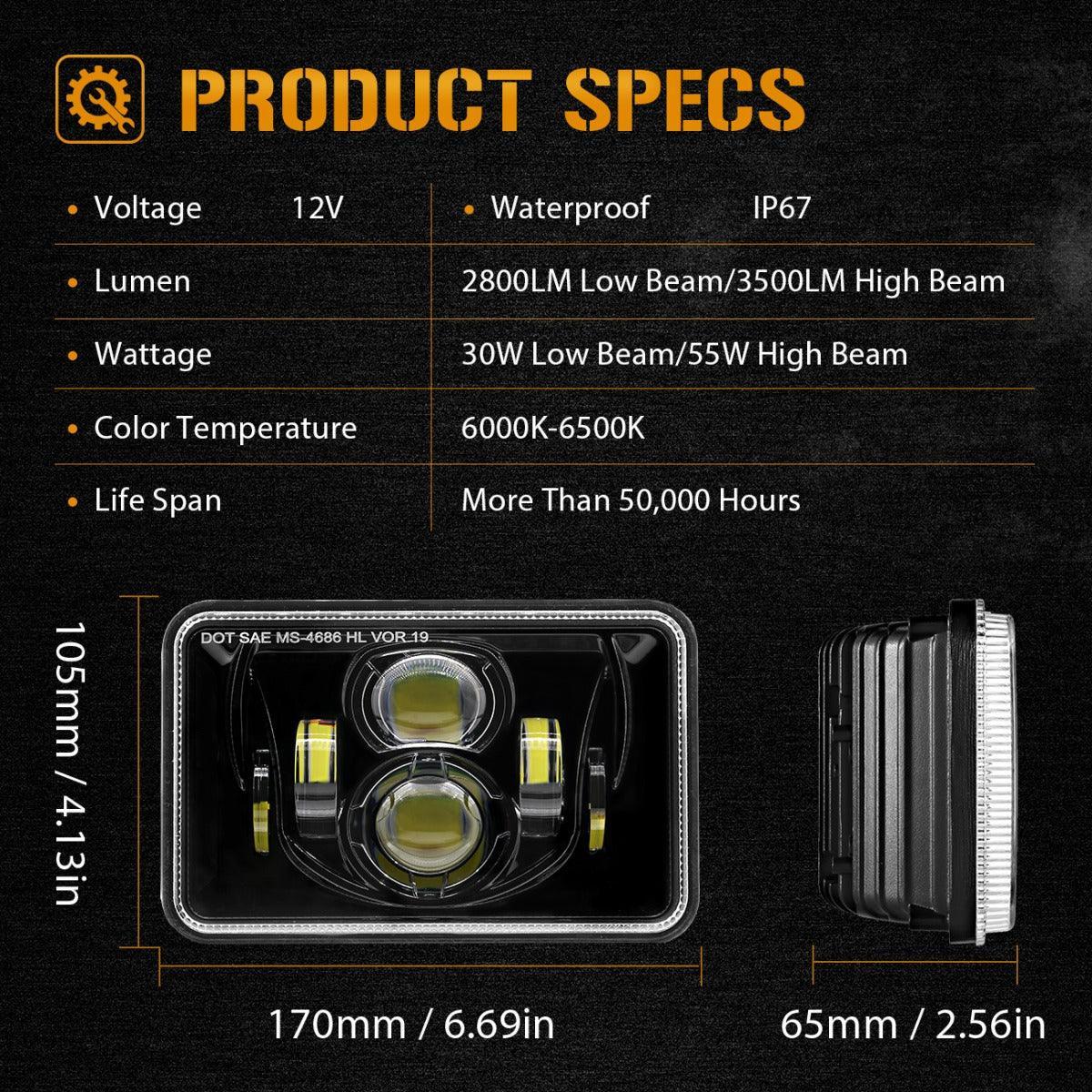 4X6 Inch 55W Rectangular LED Headlight Dot Approved Black - Image 7