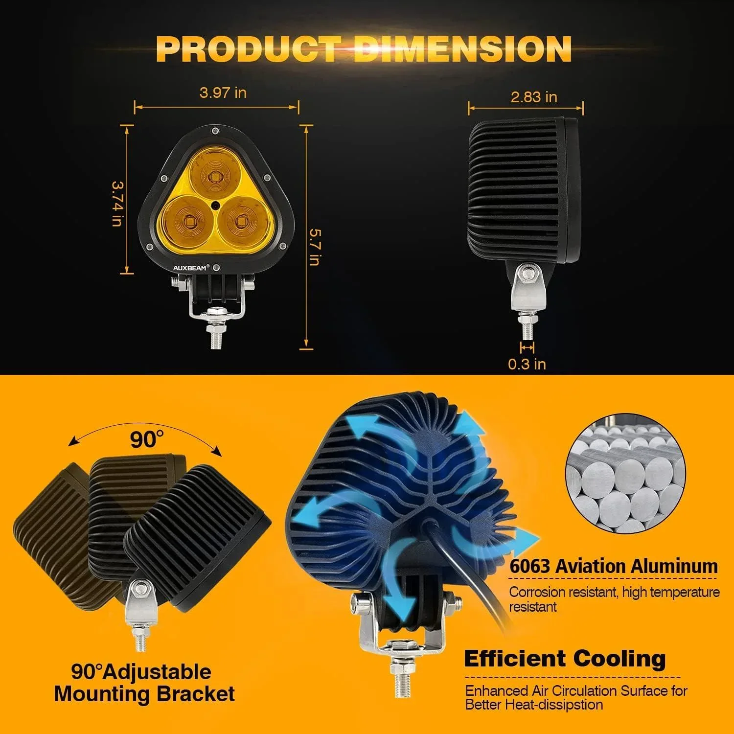 T4 Series | 4 Inch 90W Triangle Spot Amber LED Pods Lights - Image 8