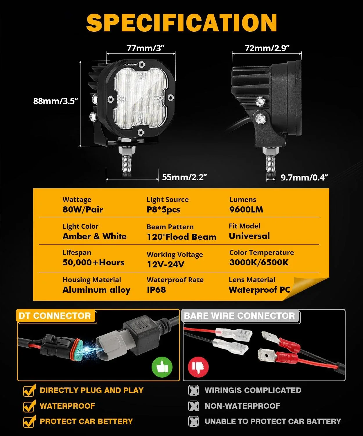 XP-ULTRA Series 3 Inch 80W Flood Beam LED Pods Amber&White Offroad Lights - Image 5