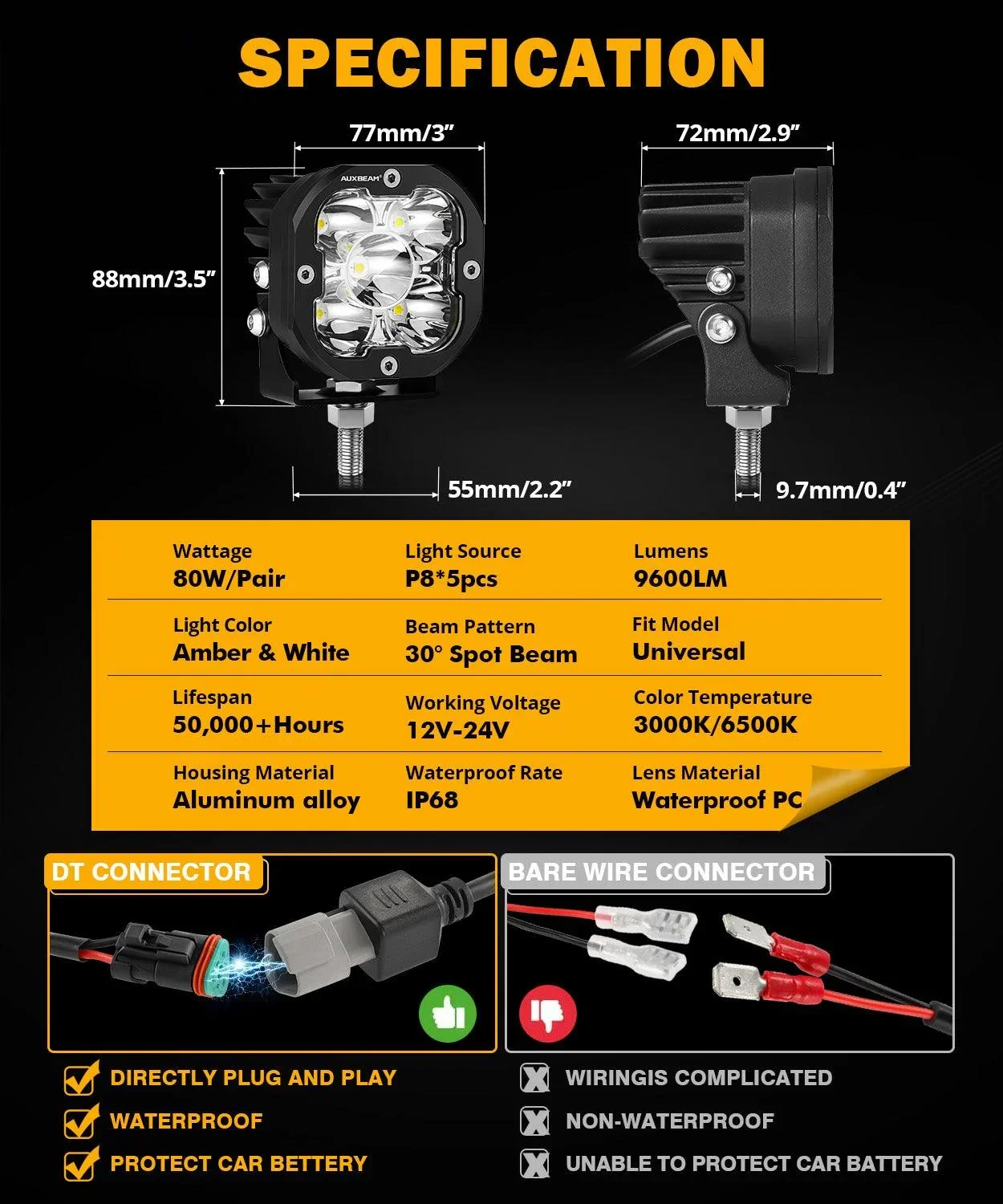 XP-ULTRA Series 3 Inch 80W Spot Beam LED Pods Amber&White Offroad Lights - Image 5