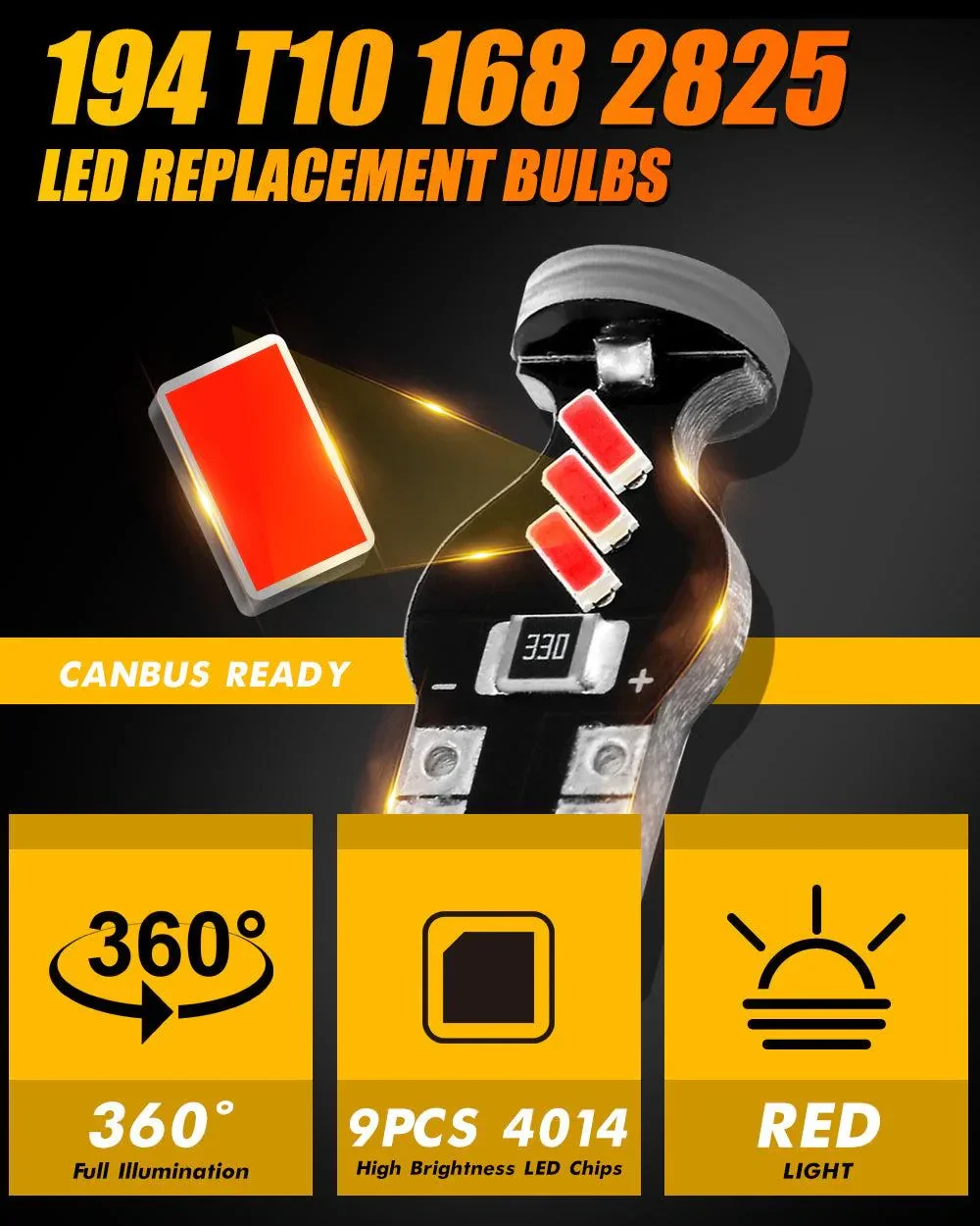 168 2825 W5W T10 LED Interior Light Bulbs 1.5W 300% Brighter Red | 10 Bulbs - Image 4